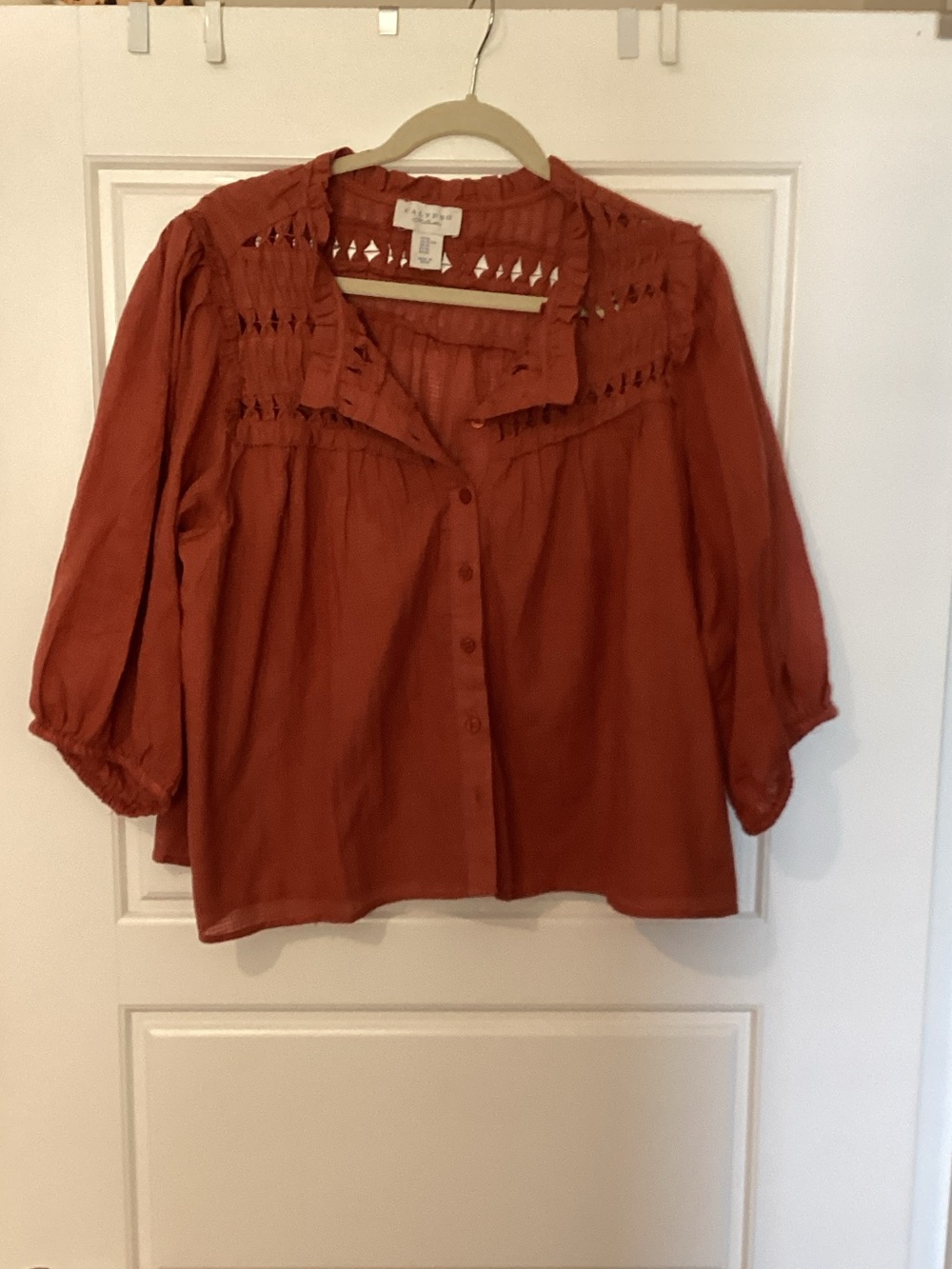 Calypso Terracotta Button-Front Eyelet Blouse